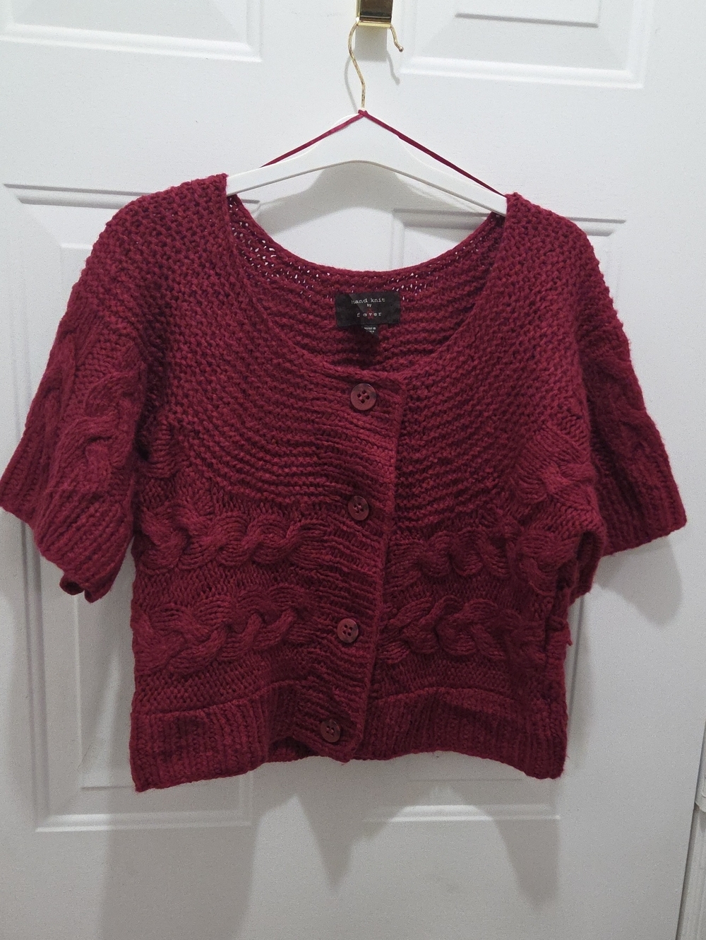 Hand Knit by Fever Chunky Cable Knit Short-Sleeve Cardigan Sweater - Burgundy L